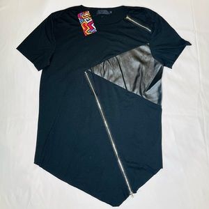 NEW Fashion tee with zippers + leather accent, Small